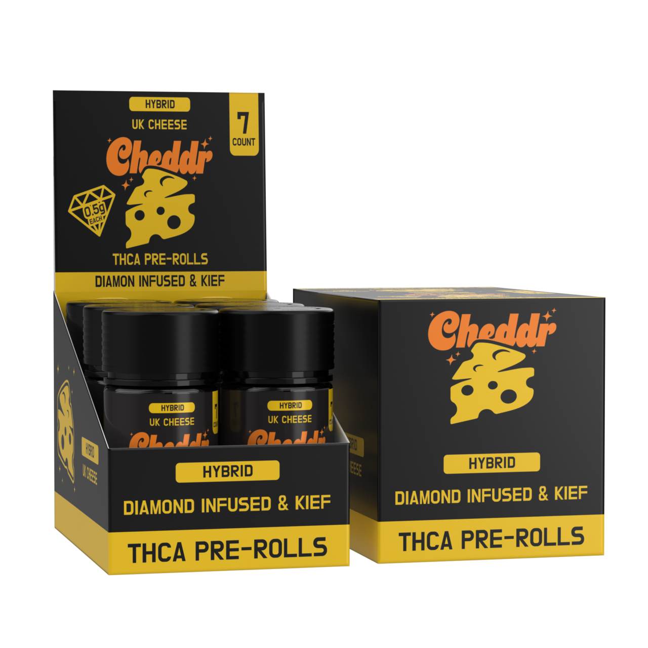7ct - 0.5g Diamond Infused & Kief Coated Prerolls - UK Cheese - Hybrid - Image 1